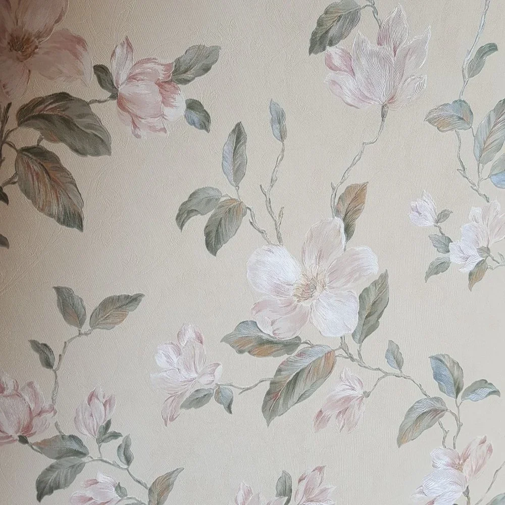 Vintage Vinyl Wallpaper Opalescent Rose w/Green Floral on Off-White *AS IS*